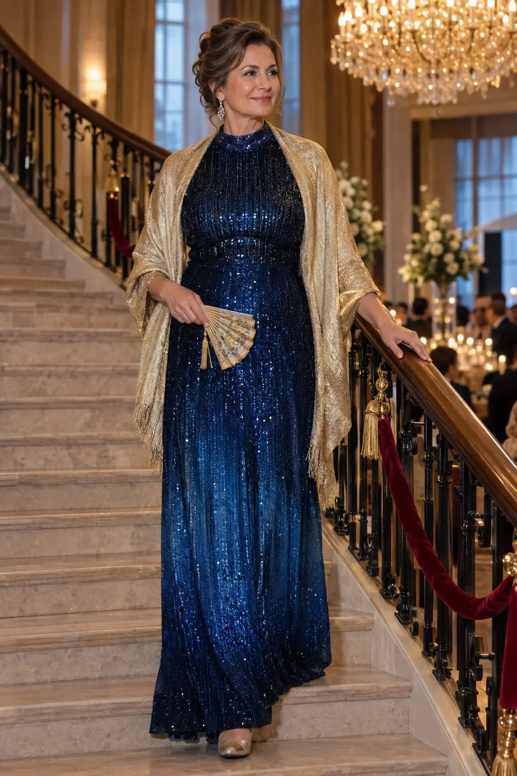 stepmother of the groom formal ballroom wedding outfit: sapphire ombre sequin gown with gold metallic wrap