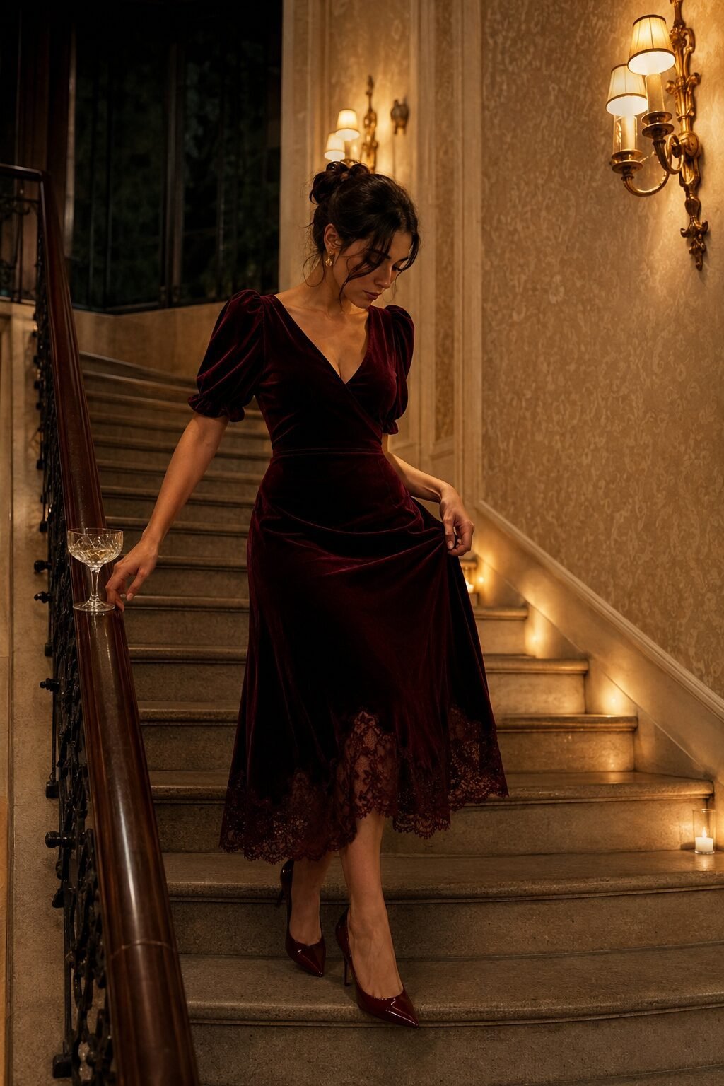 elegant Halloween outfit: burgundy velvet midi dress with bordeaux patent leather heels