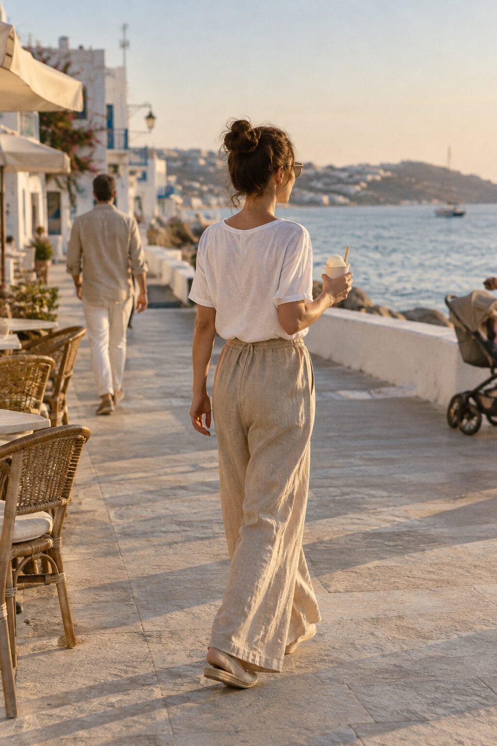 old money outfit for a beach town evening stroll: flax linen wide-leg drawstring pants and woven espadrille flats