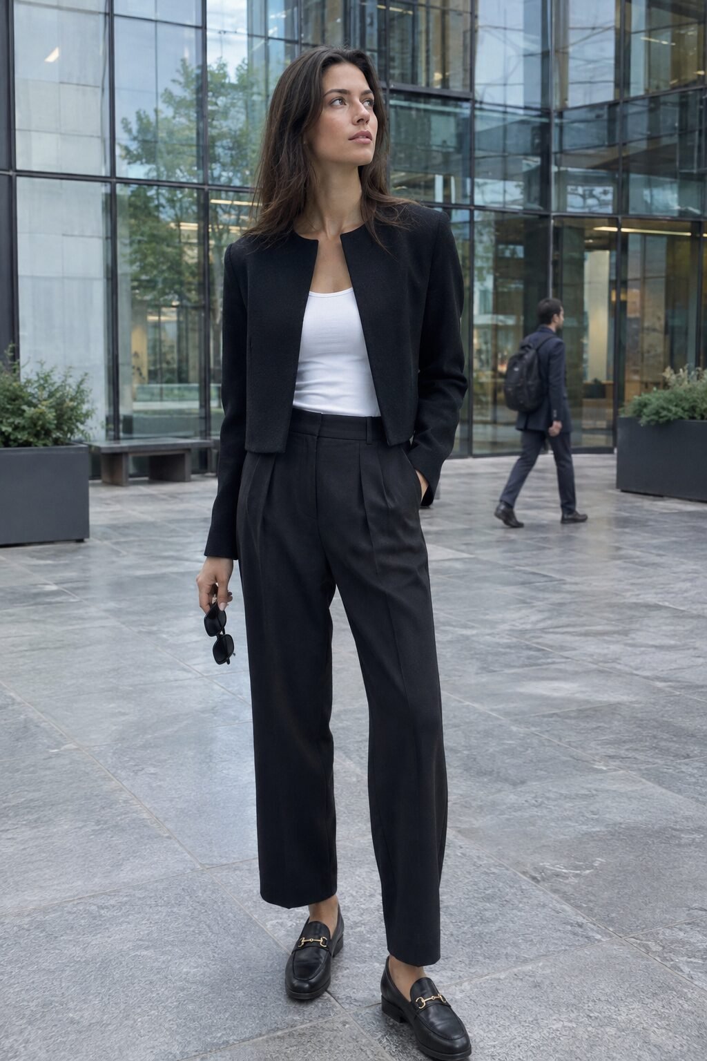 winter office outfit: cropped black wool blazer, high-waist trousers, and white silk camisole