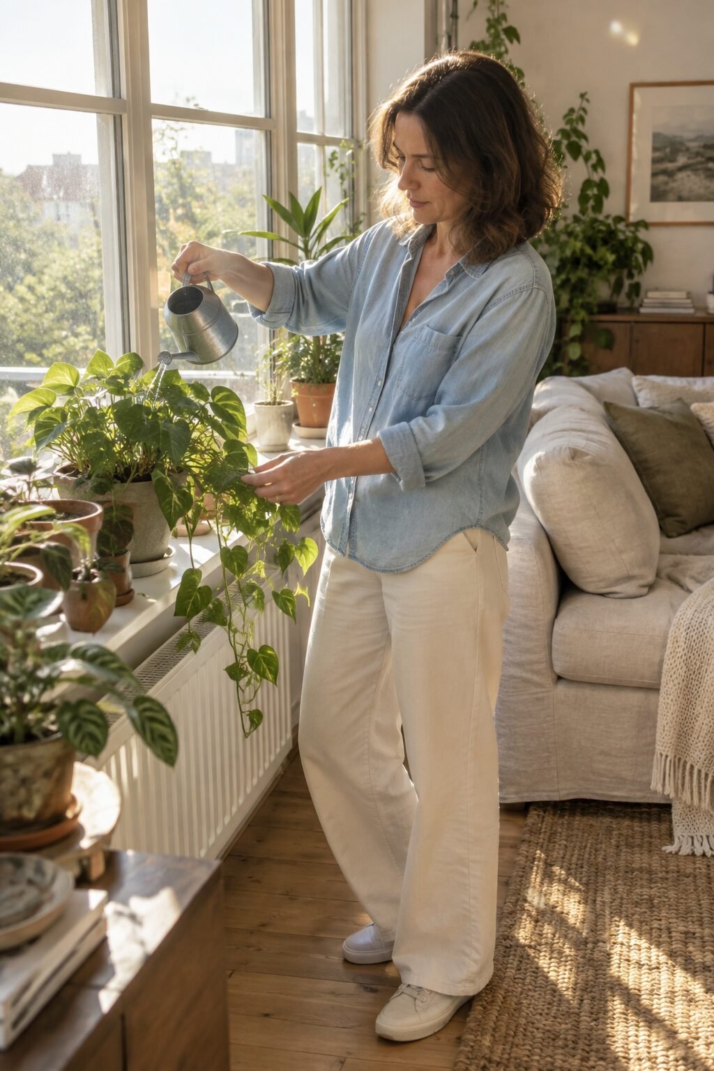 woman watering houseplants and tidying a bright living room on a calm Sunday afternoon