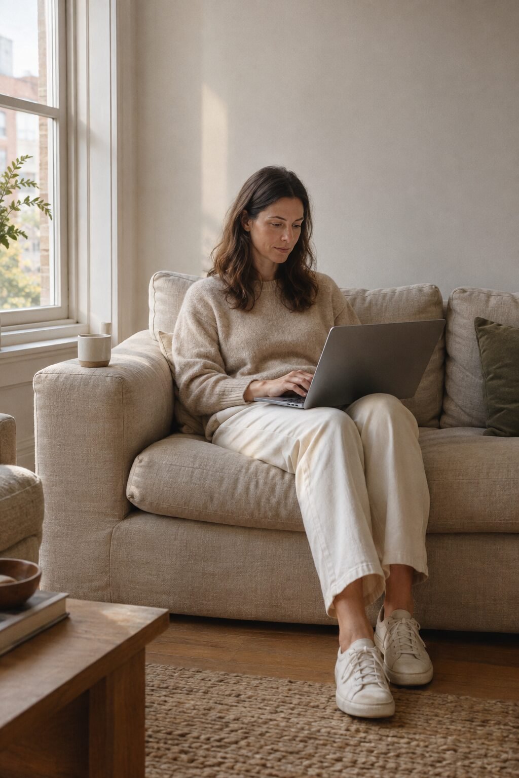 Woman sitting cross-legged on a sofa with a laptop, a cup of tea on the arm of the sofa, in a calm neutral living room