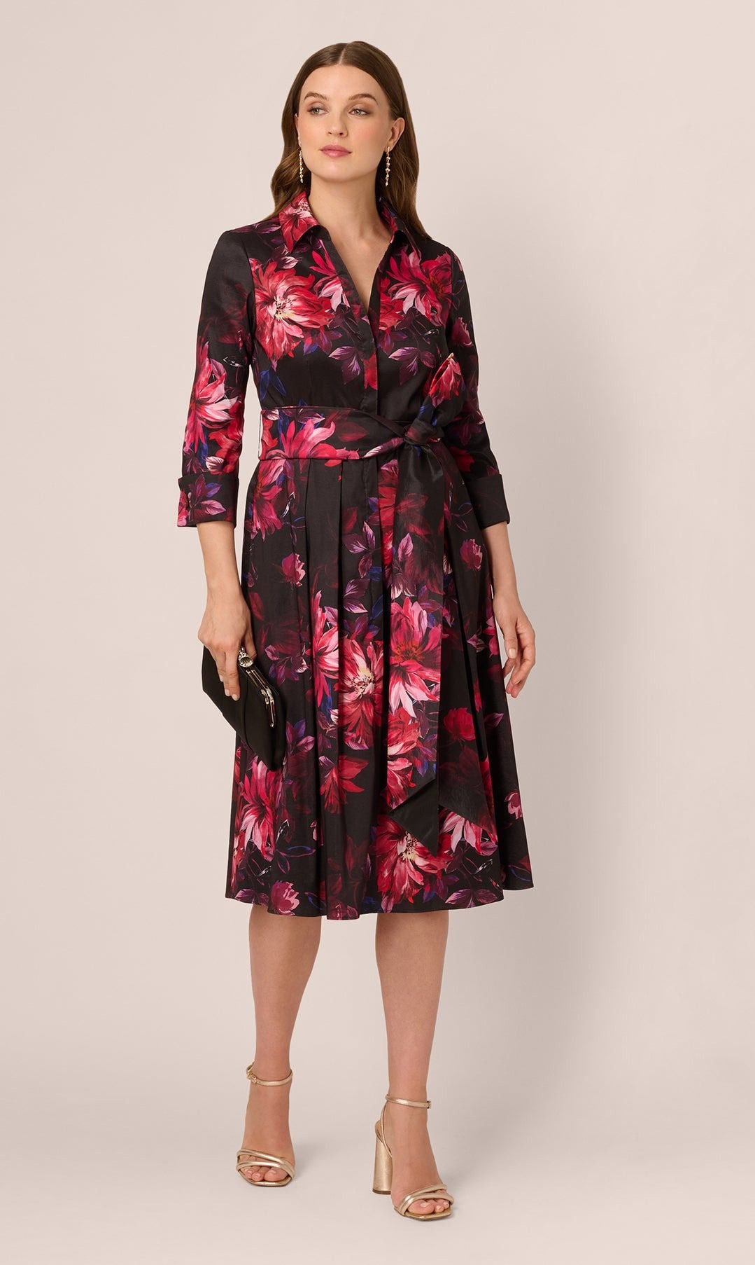 Three Quarter Sleeve Taffeta Midi Shirt Dress