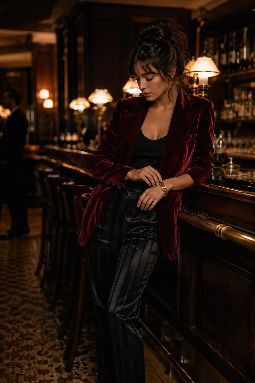 burgundy velvet blazer outfit for evening out, velvet jacket with black tuxedo-striped trousers