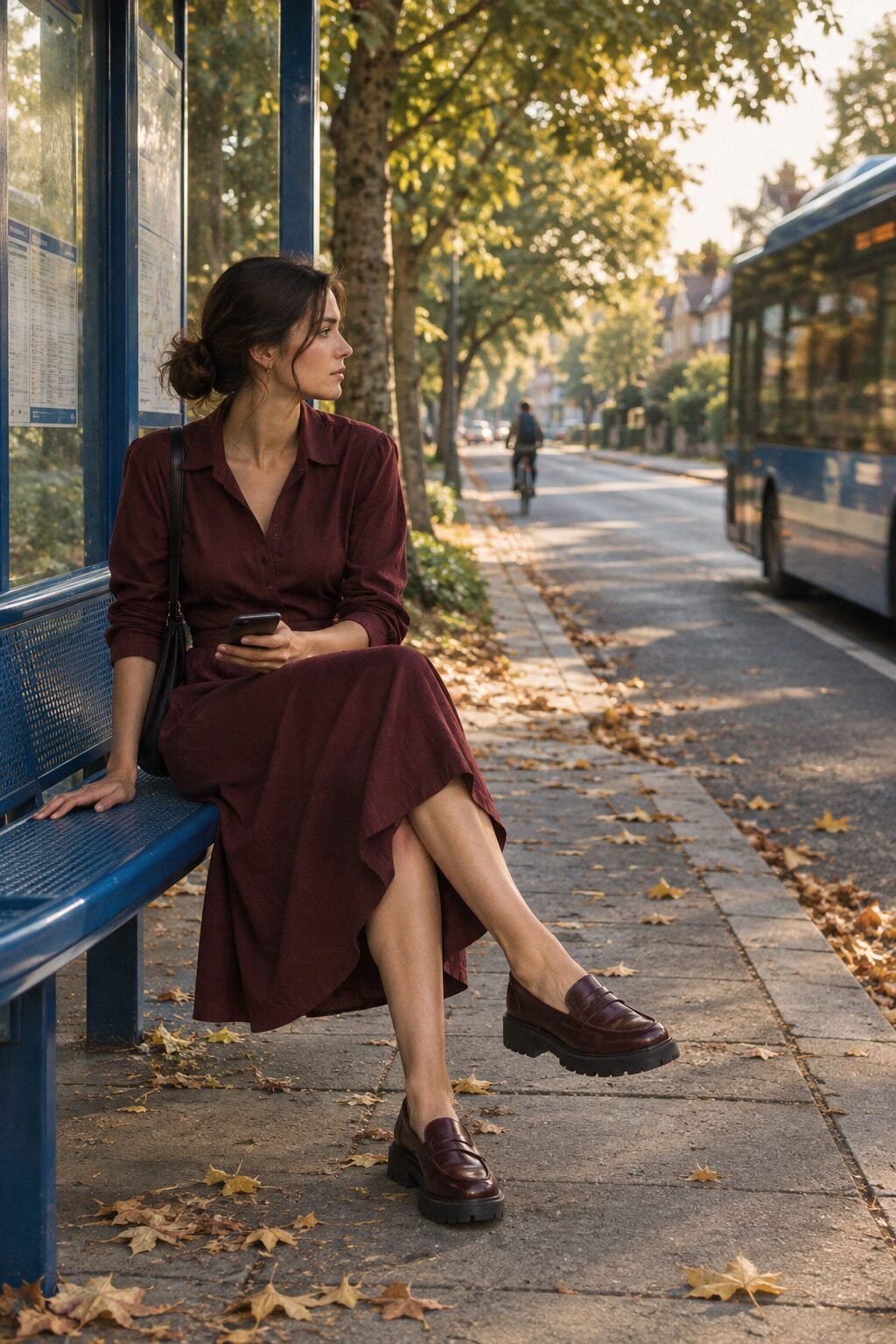 old money outfit: burgundy poplin-style midi dress with glossy burgundy leather loafers
