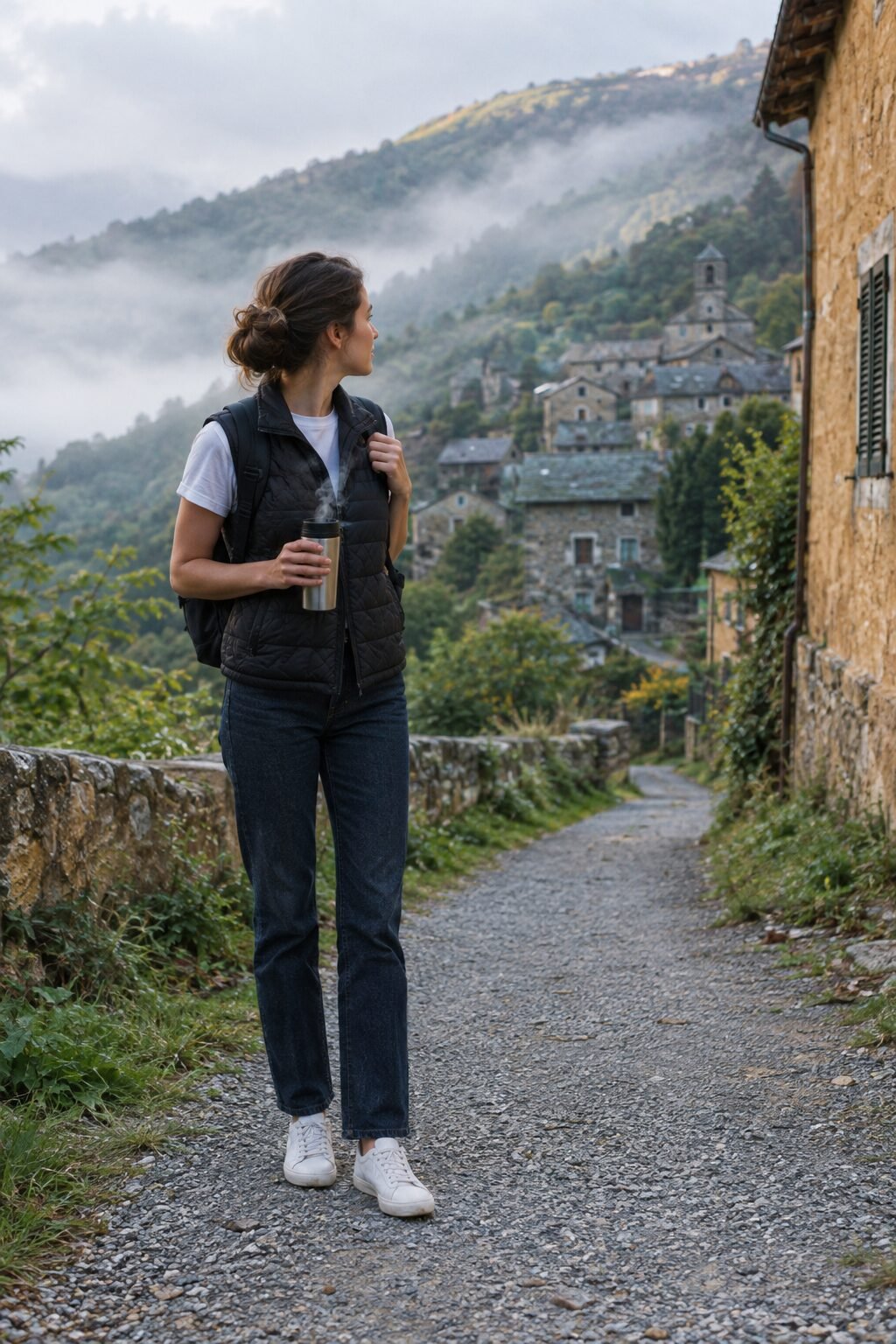 black lightweight quilted vest layered over a white crew neck tee, easy cool-morning travel outfit