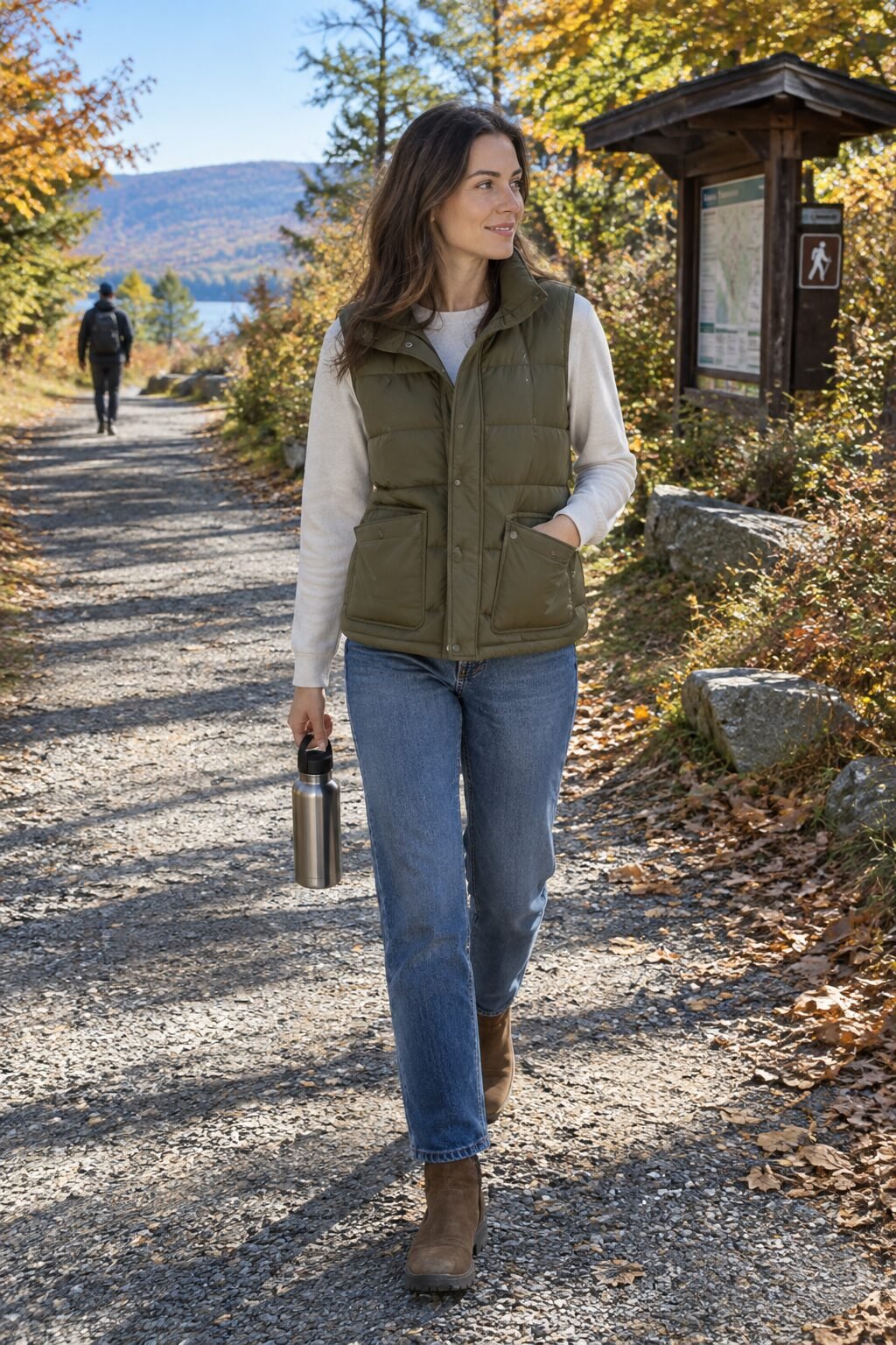 fall outfit with ankle boots: olive puffer vest and straight jeans