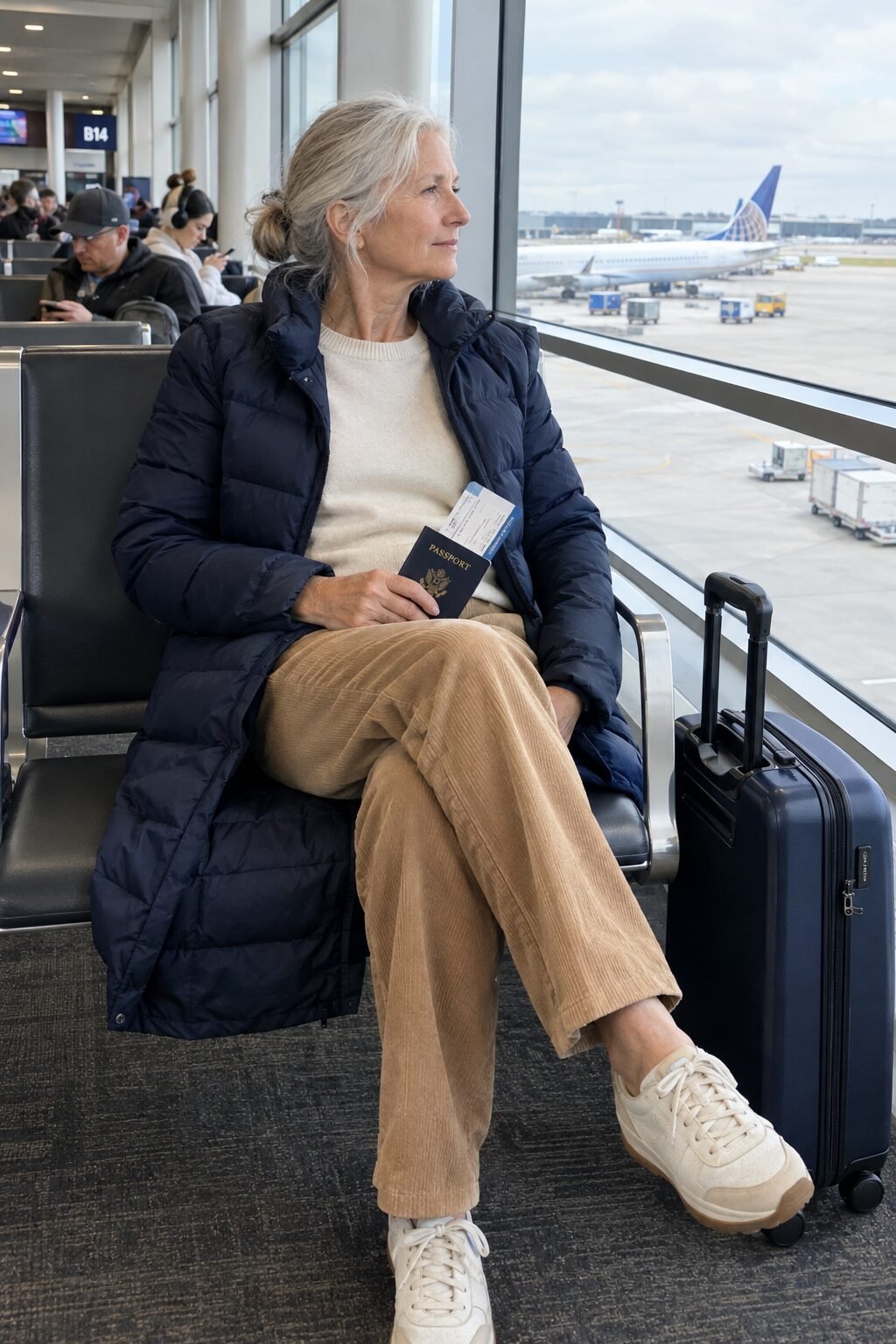 comfortable travel outfit for a woman in her 70s: packable navy down coat, ivory cashmere crewneck sweater, and camel corduroy pants at the airport