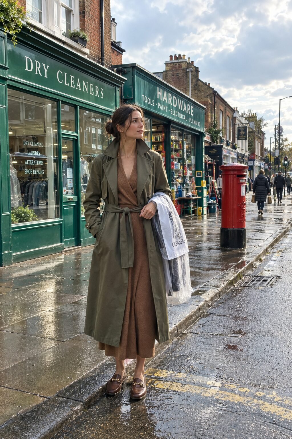 old money dress outfit: dark camel cashmere wrap dress under a belted khaki-olive trench coat with tobacco brown bit loafers