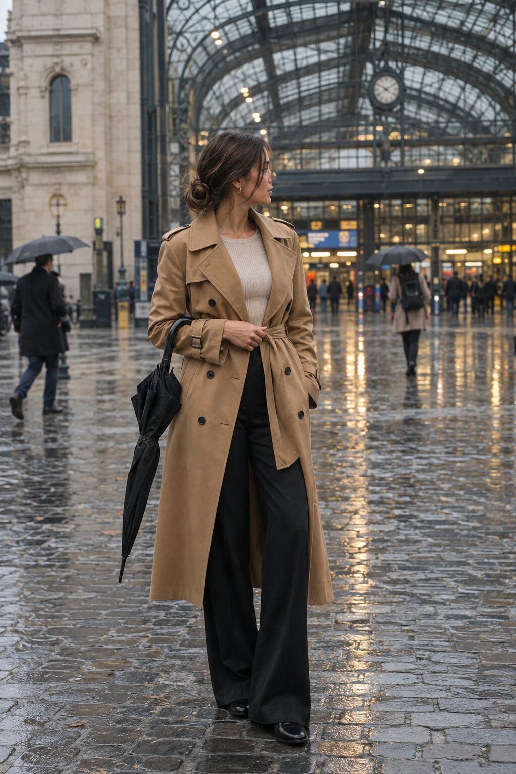 how to style wide-leg trousers with a camel belted trench coat over black wide-leg trousers
