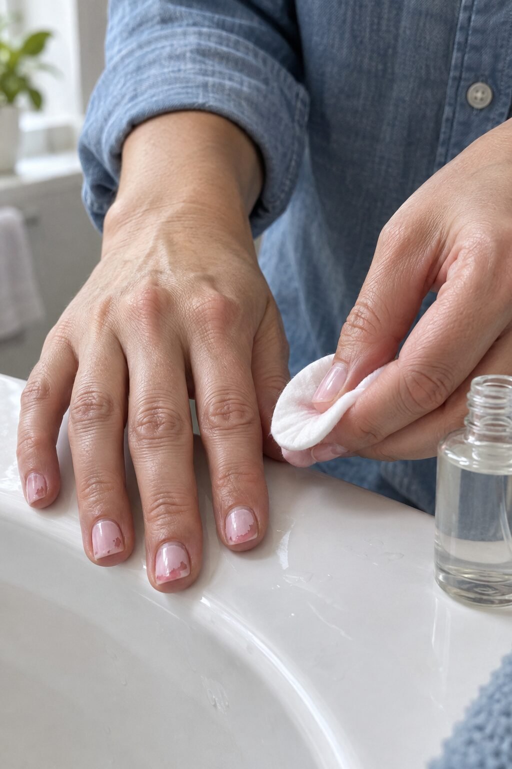 close-up of a hand wiping chipped pale pink polish off with a cotton pad at a bathroom sink
