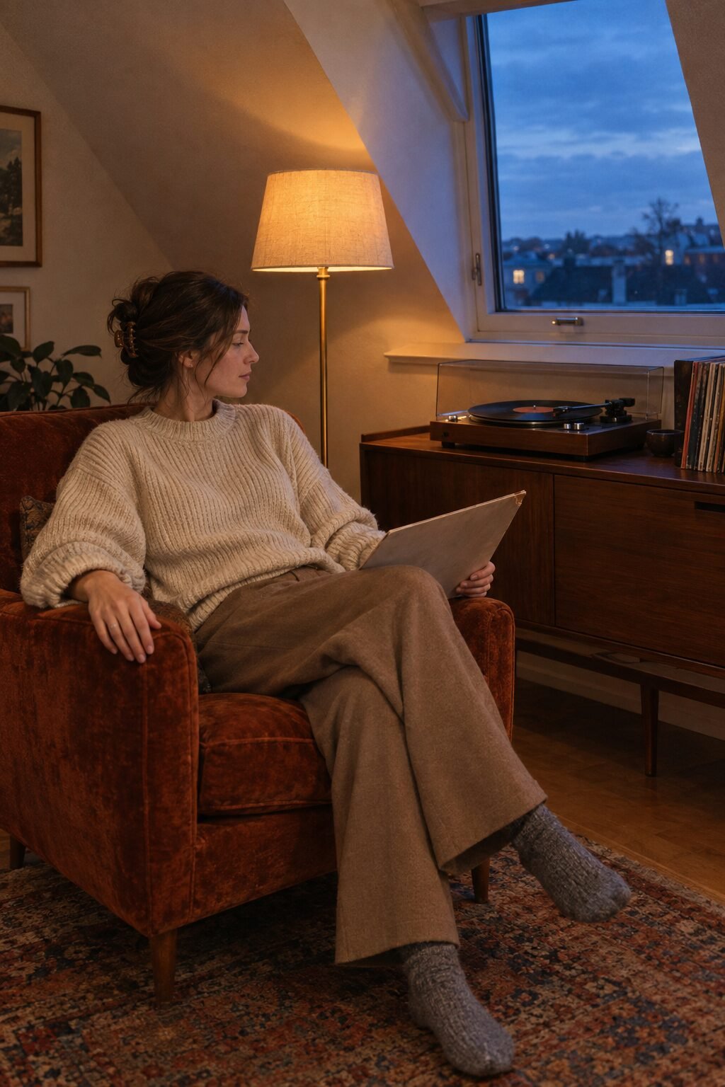 A woman in a cream knit sitting in an armchair beside a record player on a low wooden console in evening lamplight