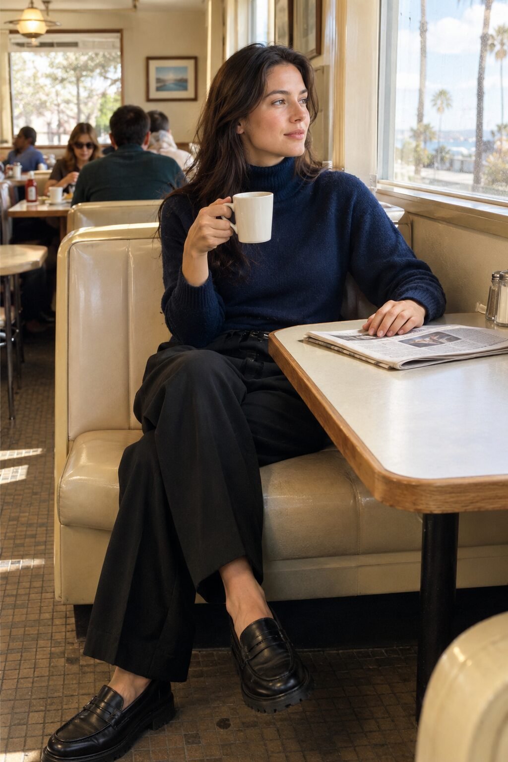 old money brunch to game day outfit: true navy cashmere turtleneck, pleated black wool trousers, and leather lug sole loafers