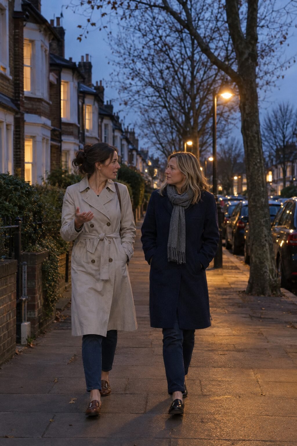 a woman in a light trench coat walking slowly beside a friend along a quiet tree-lined residential street at dusk after dinner