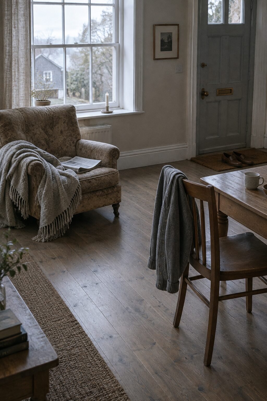 quiet luxury home living room with a throw left on a floral armchair, a grey cardigan over a dining chair and shoes by the front door