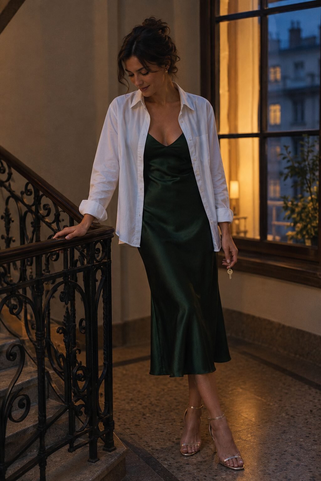 how to style a white button-down: white shirt worn open under a forest green silk slip dress with champagne strappy heels for evening