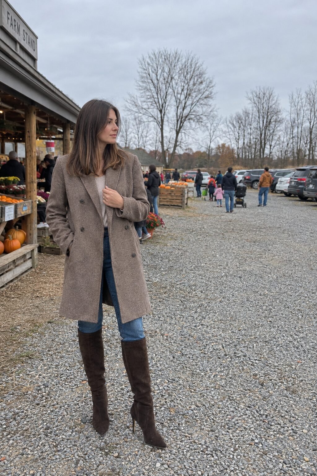 dressy apple picking outfit: taupe double-breasted coat, straight jeans and dark brown knee-high boots