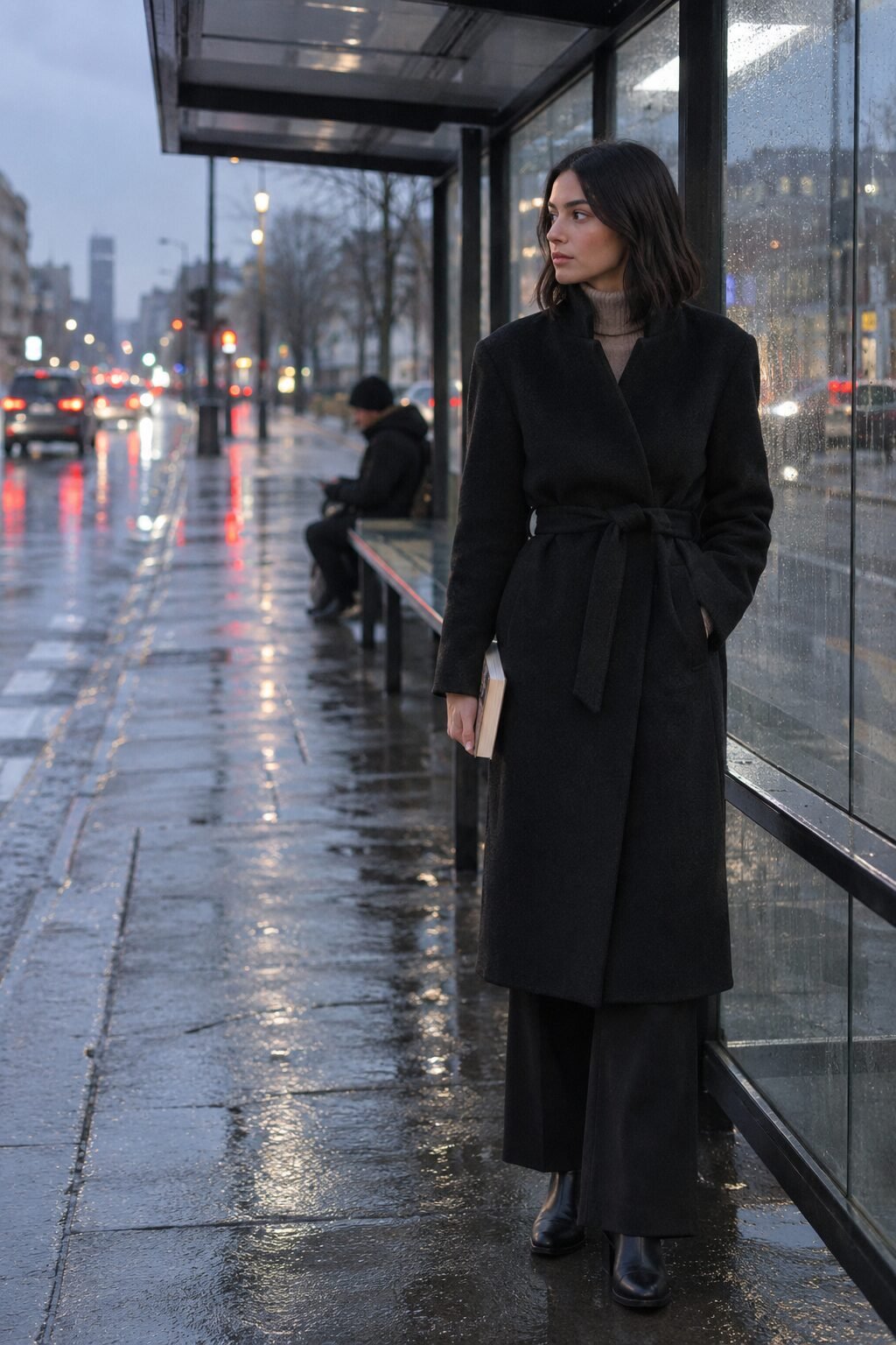 woman in a long black funnel-neck wool coat, beige cashmere turtleneck and black wide-leg trousers, after-work bonfire outfit