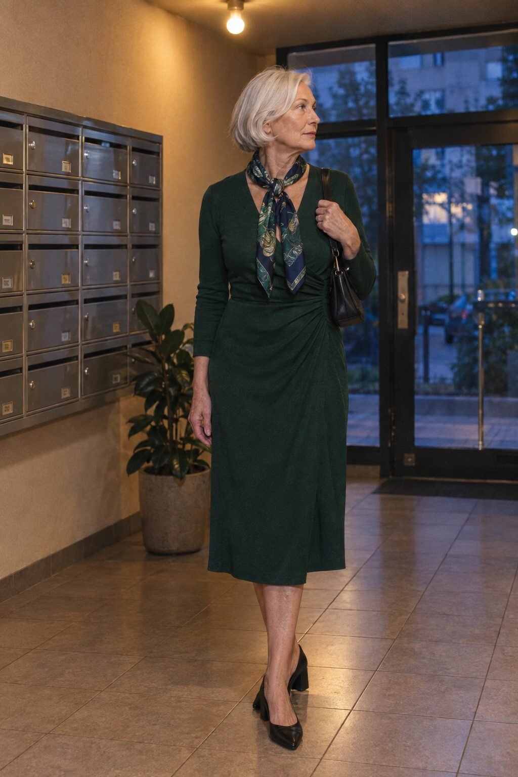 how to style a silk scarf as a looped necklace over a hunter green jersey wrap dress with black block-heel pumps