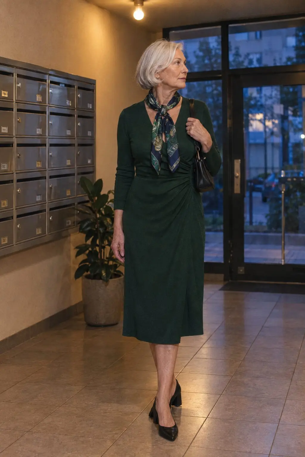 how to style a silk scarf as a looped necklace over a hunter green jersey wrap dress with black block-heel pumps