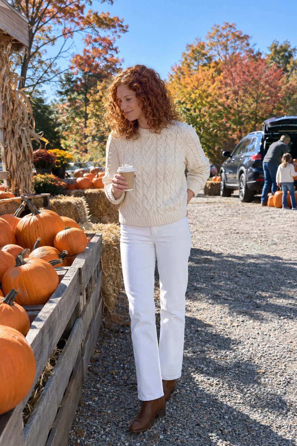 coastal grandmother fall outfit: ivory cable knit crewneck sweater and straight white jeans