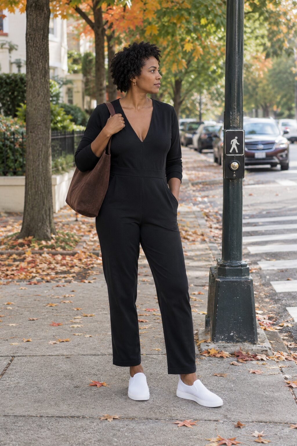 easy mom outfit for all-day errands: black tailored stretch jumpsuit, white slip-on sneakers and brown suede tote