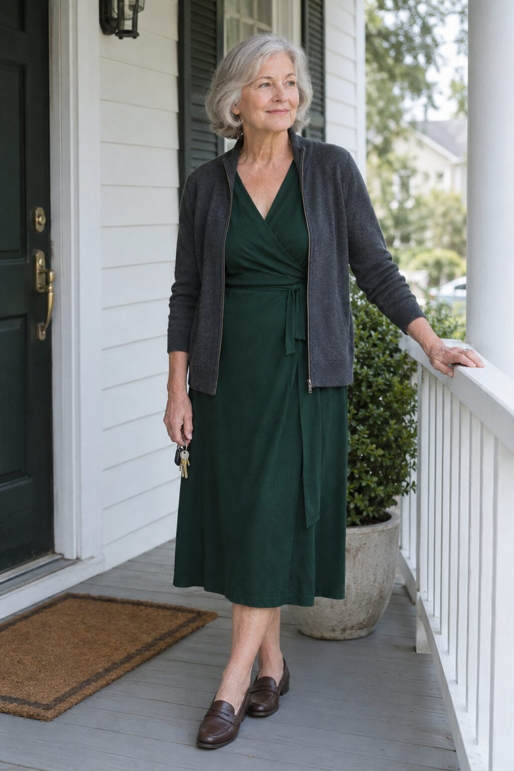 comfortable church outfit for women in their 70s: conifer green jersey wrap dress, graphite zip cardigan and portobello penny loafers