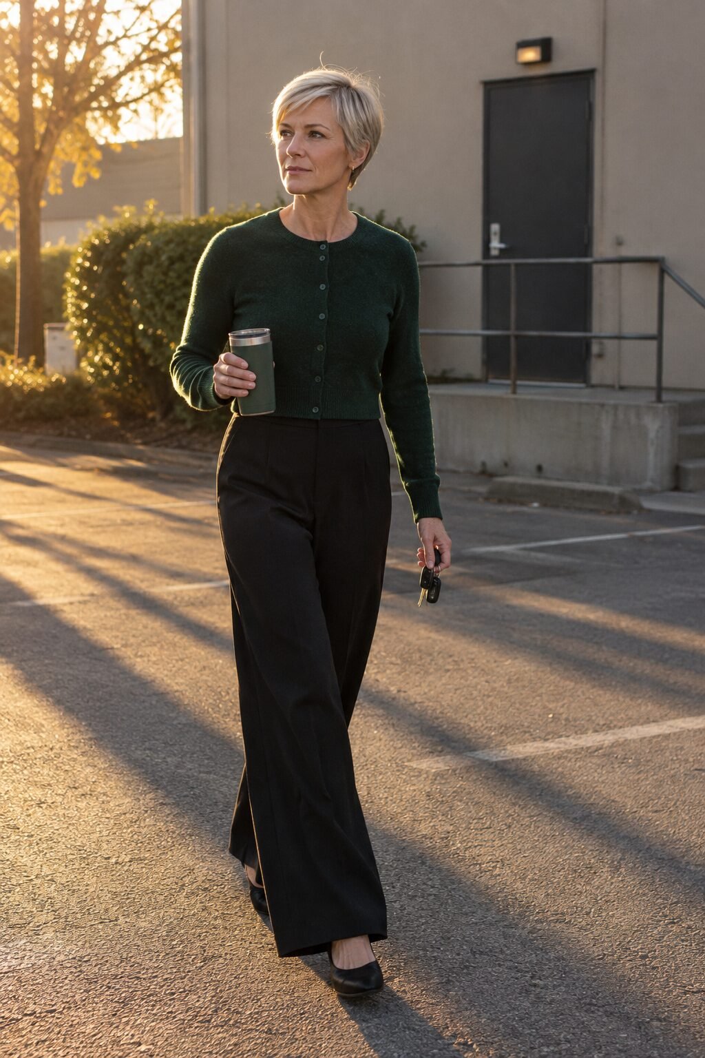 forest green halloween teacher outfit: cropped forest-green cardigan buttoned as a top over black ponte trousers