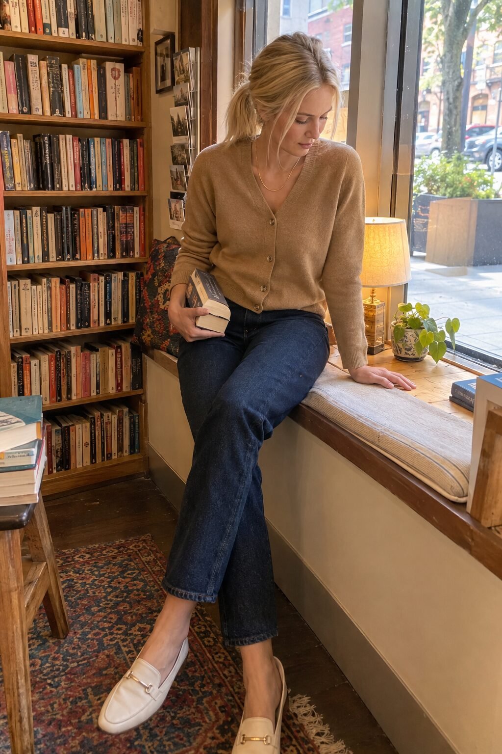 old money outfit: camel cardigan buttoned as a top with dark denim jeans and a simple gold chain