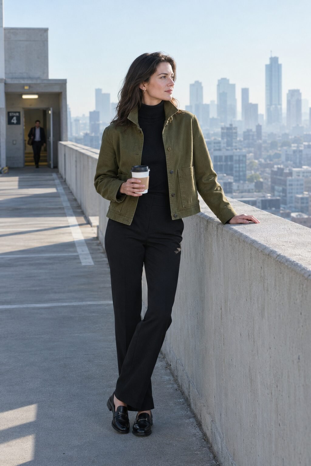 olive green barn jacket over a black turtleneck and black trousers, an elevated office halloween outfit under $150