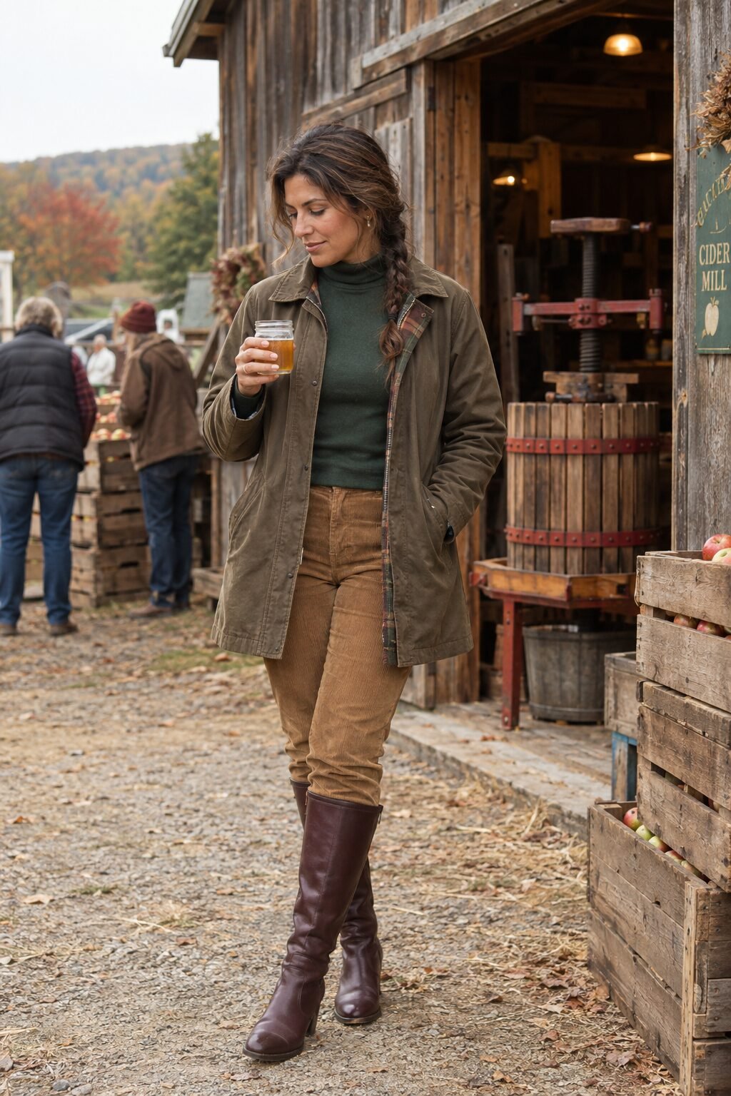 old money countryside fall outfit: dark khaki flannel-lined barn coat and dark merlot knee-high boots at a cider mill