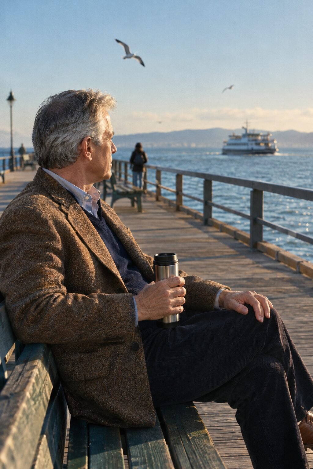 short well-kept silver gray haircut on an older man in a tweed jacket