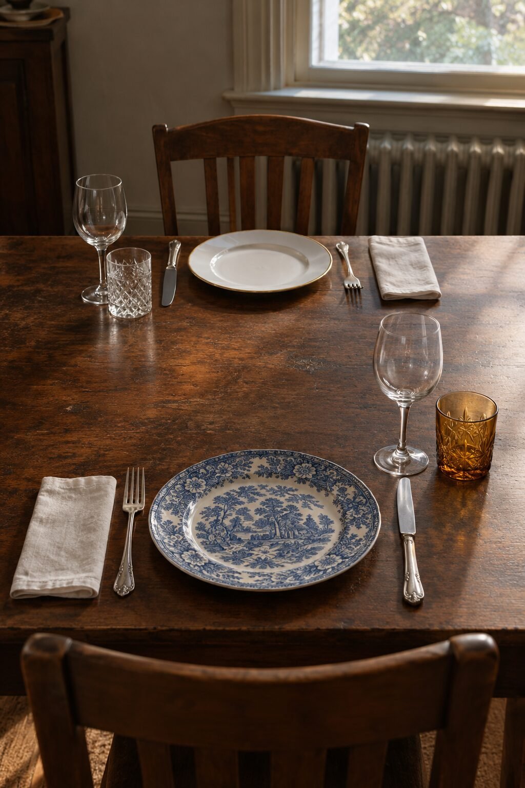 elegant table setting for two with vintage inherited plates and mismatched glasses on a wooden table