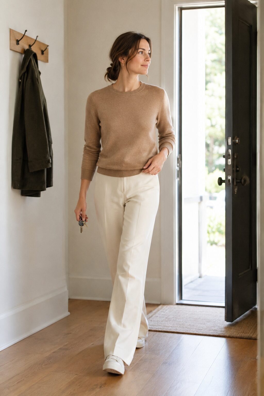 woman in a simple wrinkle-free two-tone outfit with minimal accessories