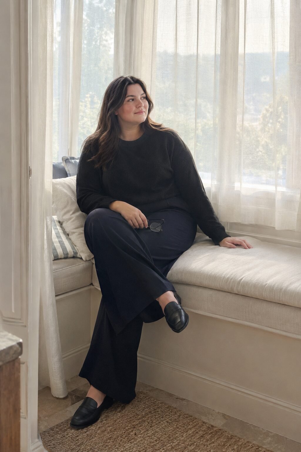 plus size halloween outfit: black cashmere crewneck with night sky wide-leg trousers