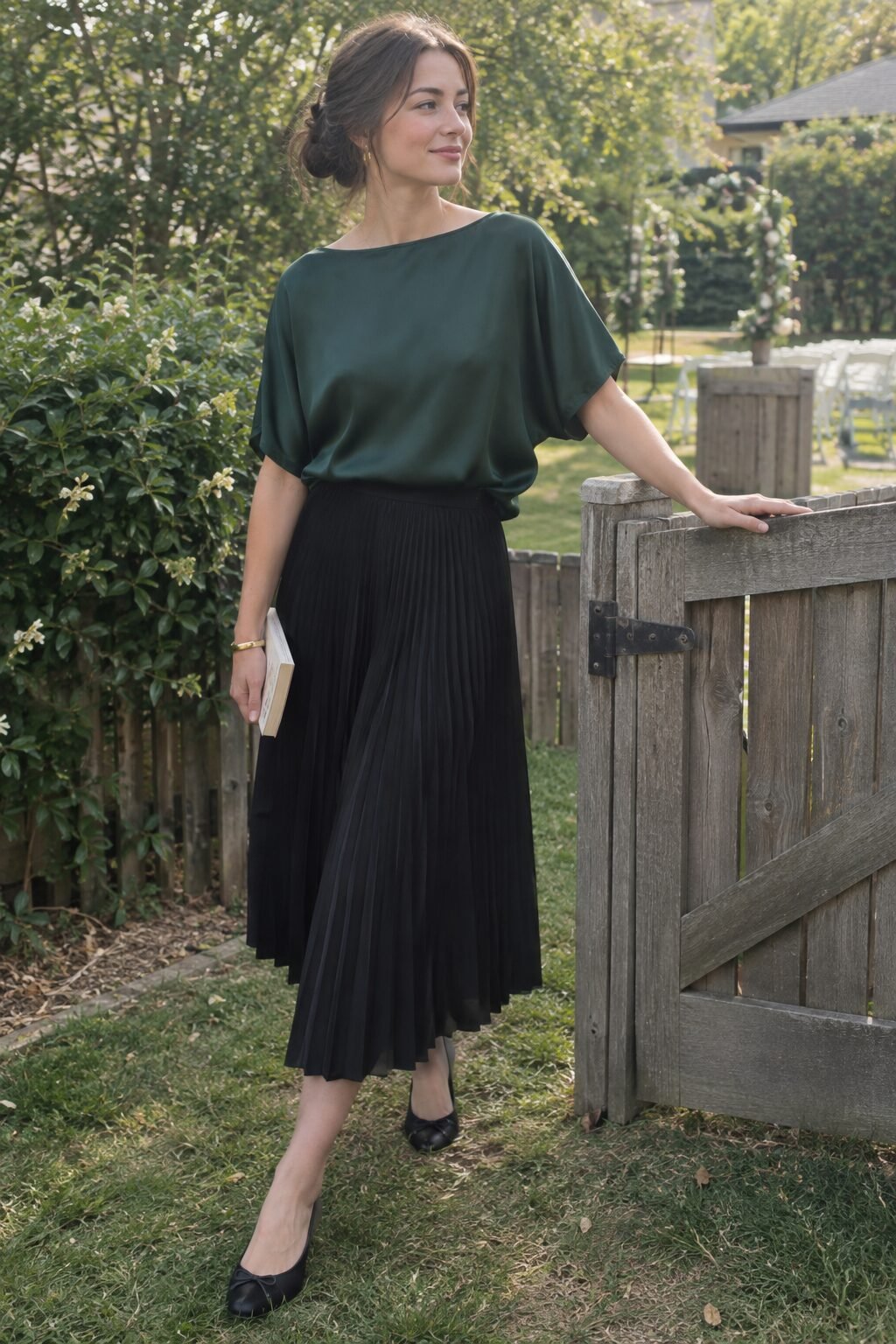 wedding guest outfit with gold bracelet: forest green silk blouse and black pleated midi skirt for a backyard wedding