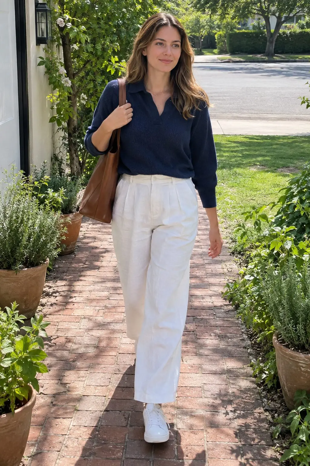 elegant loungewear outfit: navy cashmere polo sweater tucked into white pleated linen trousers