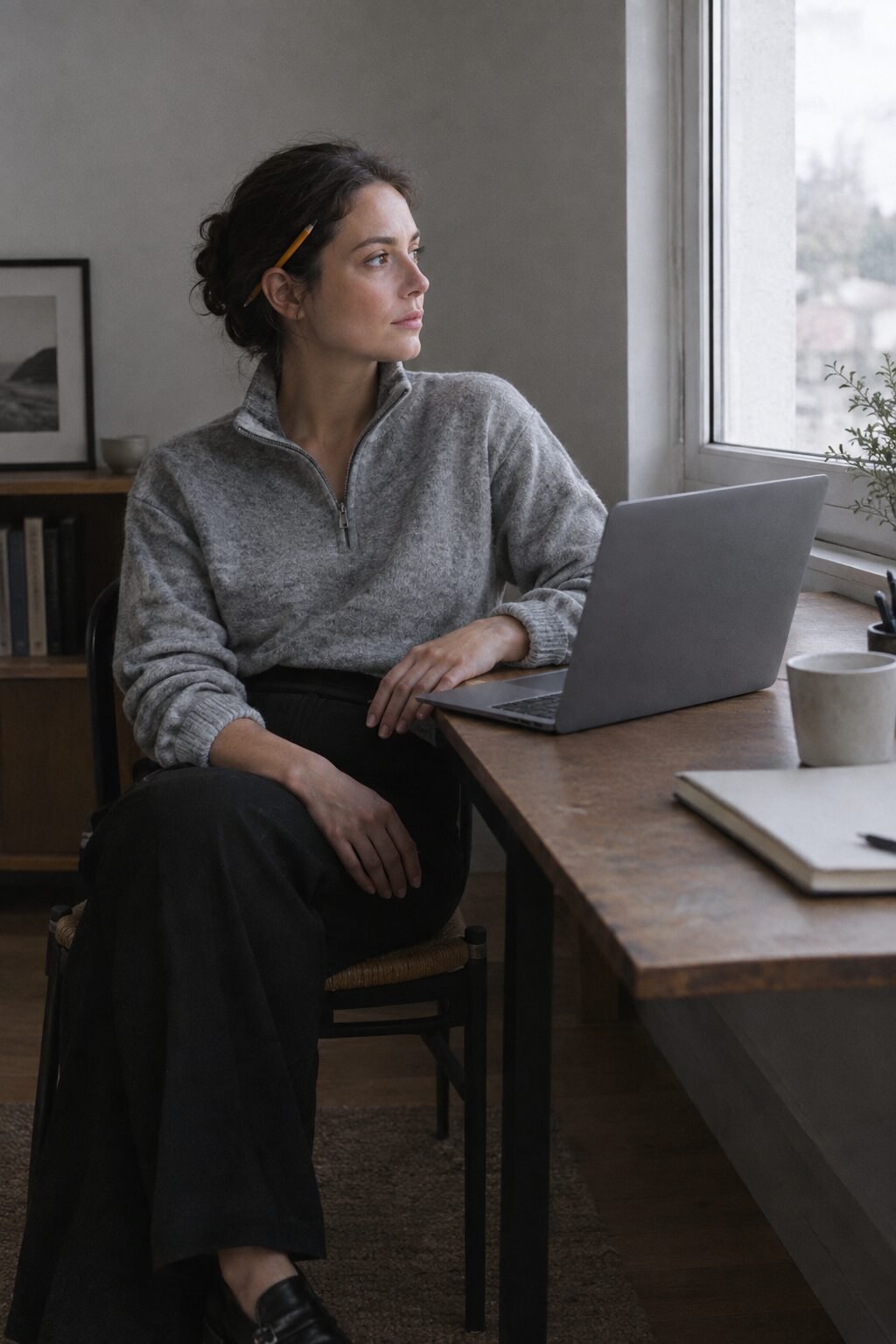 budget fall outfit under $100: heather grey half-zip pullover with black pleated wide-leg trousers