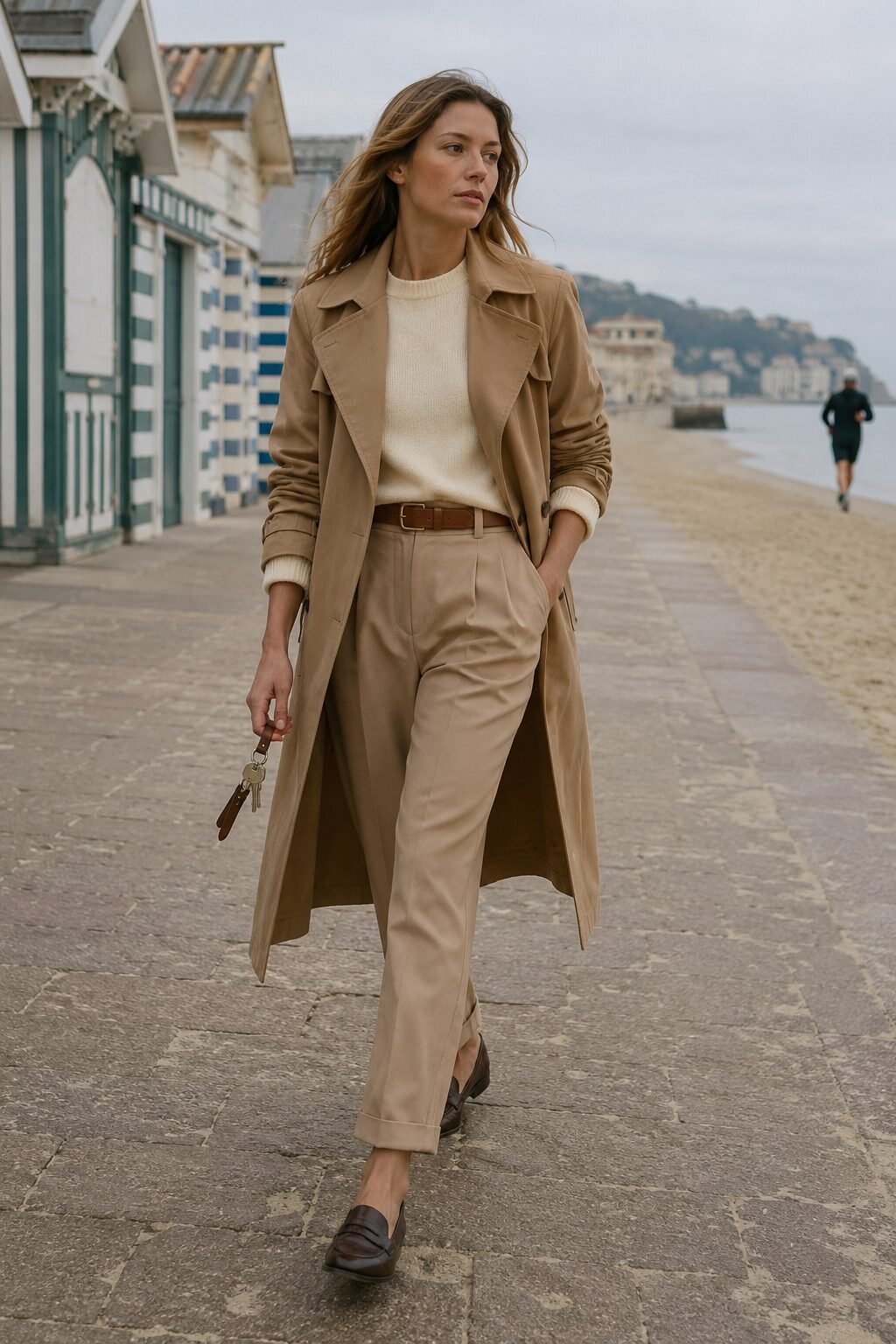 camel and cream errand day outfit: cream cashmere sweater, camel trousers, and a belted trench coat