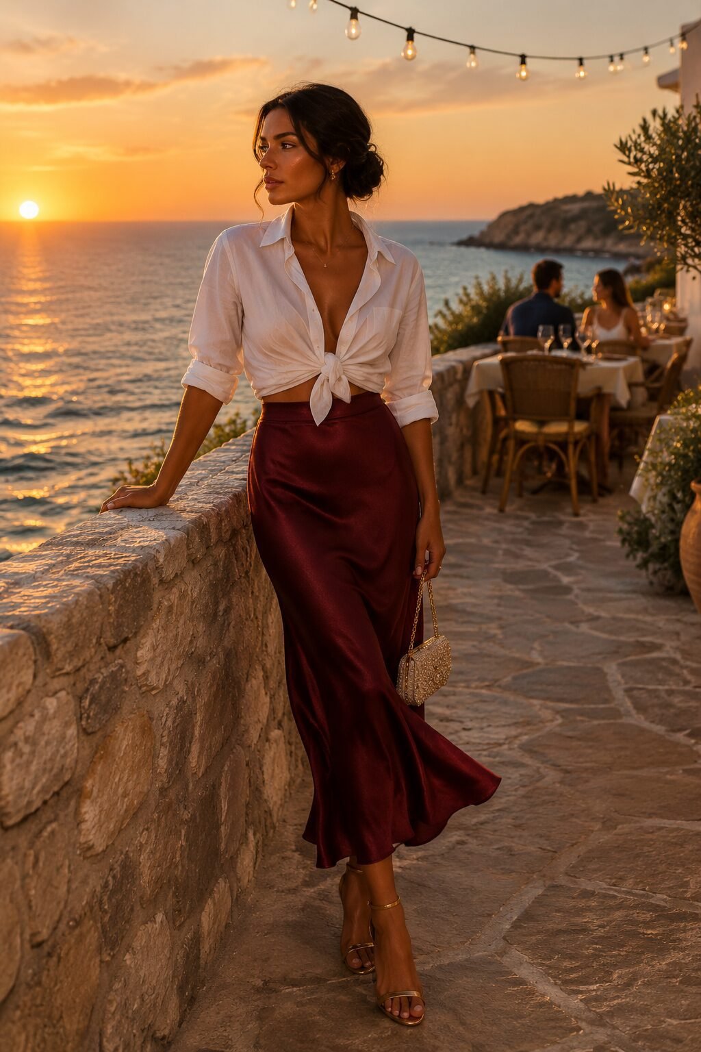 woman wearing a white button-down shirt tied at the waist over a burgundy silk midi skirt for a date-night outfit