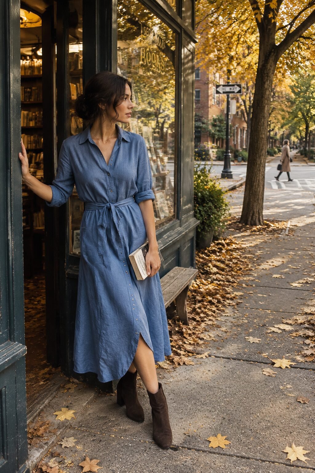 fall linen dress outfit: chambray blue linen button-front dress with chocolate brown suede ankle boots