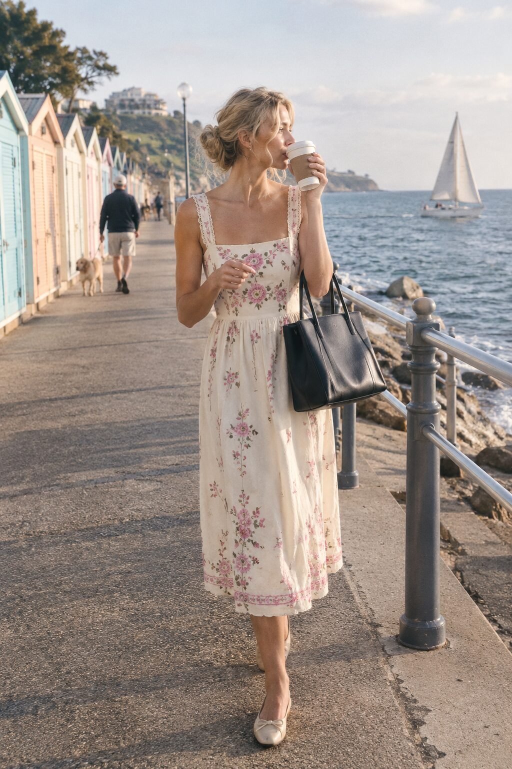 woman carrying a structured black leather tote bag with a cream floral embroidered dress, easy fall accessory update for a summer dress