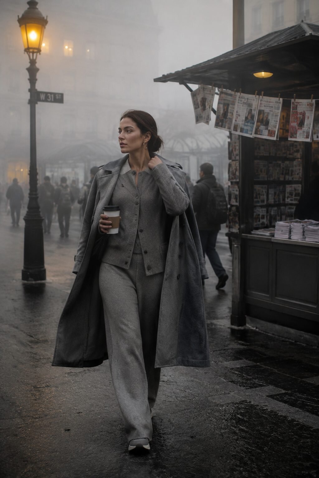 affordable Halloween outfit that looks expensive: tonal dove grey knit set under an open trench coat