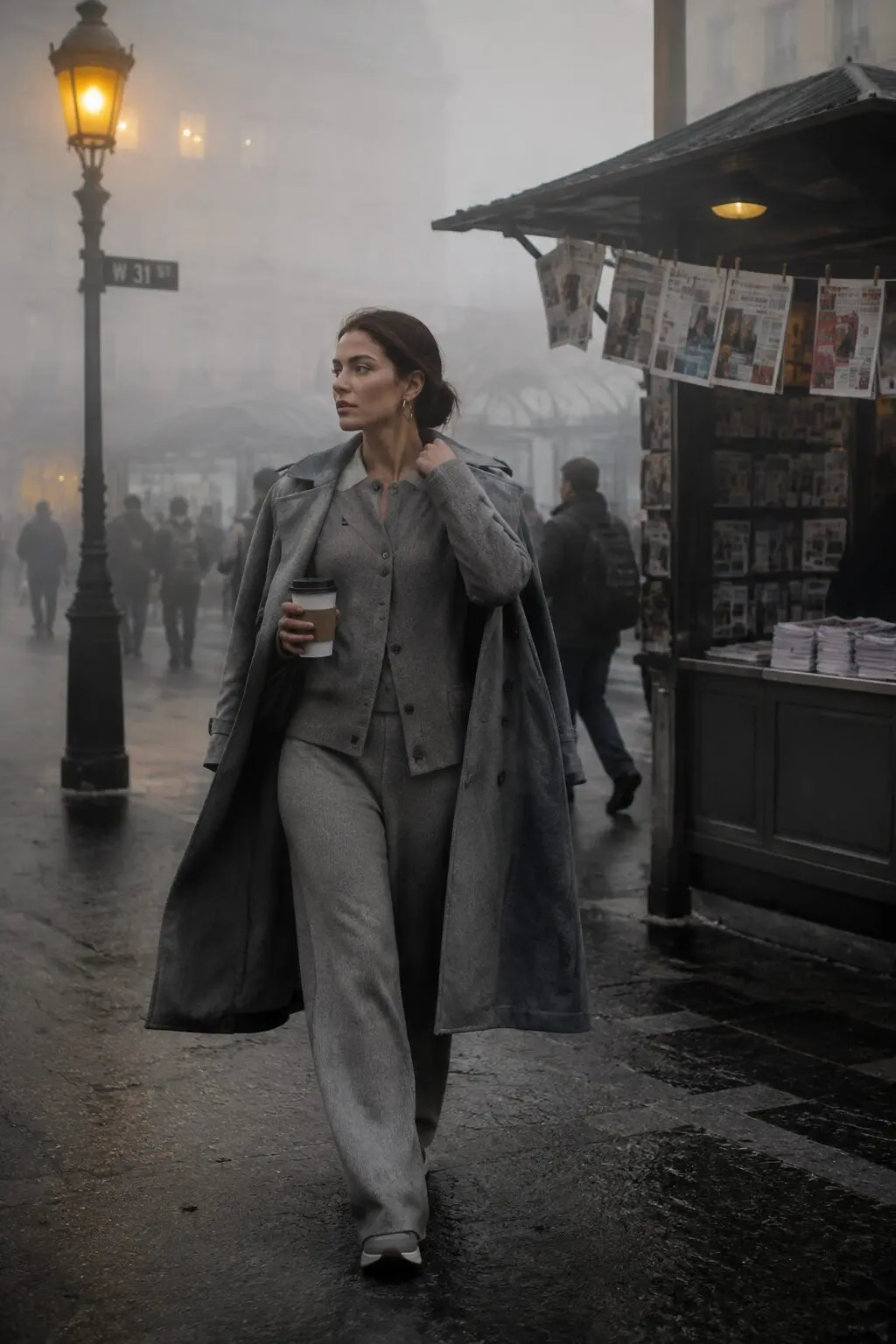affordable Halloween outfit that looks expensive: tonal dove grey knit set under an open trench coat