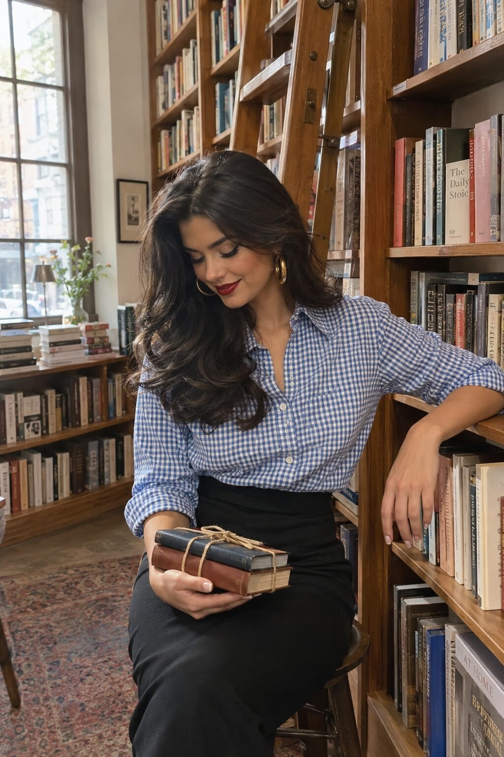 office weekend outfit: blue gingham top with black pencil skirt