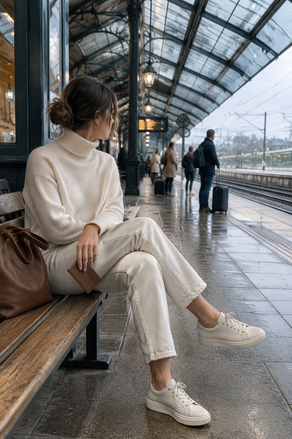 travel day rainy outfit: ivory cashmere turtleneck and cropped straight jeans