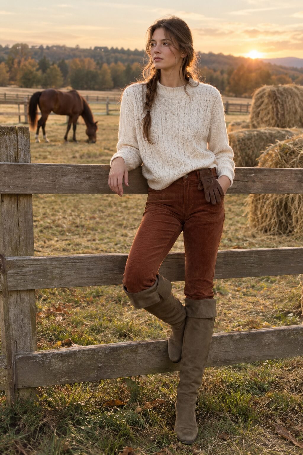 carolyn bessette style fall countryside outfit: oatmeal cable-knit sweater, rust corduroy trousers, and knee-high riding boots