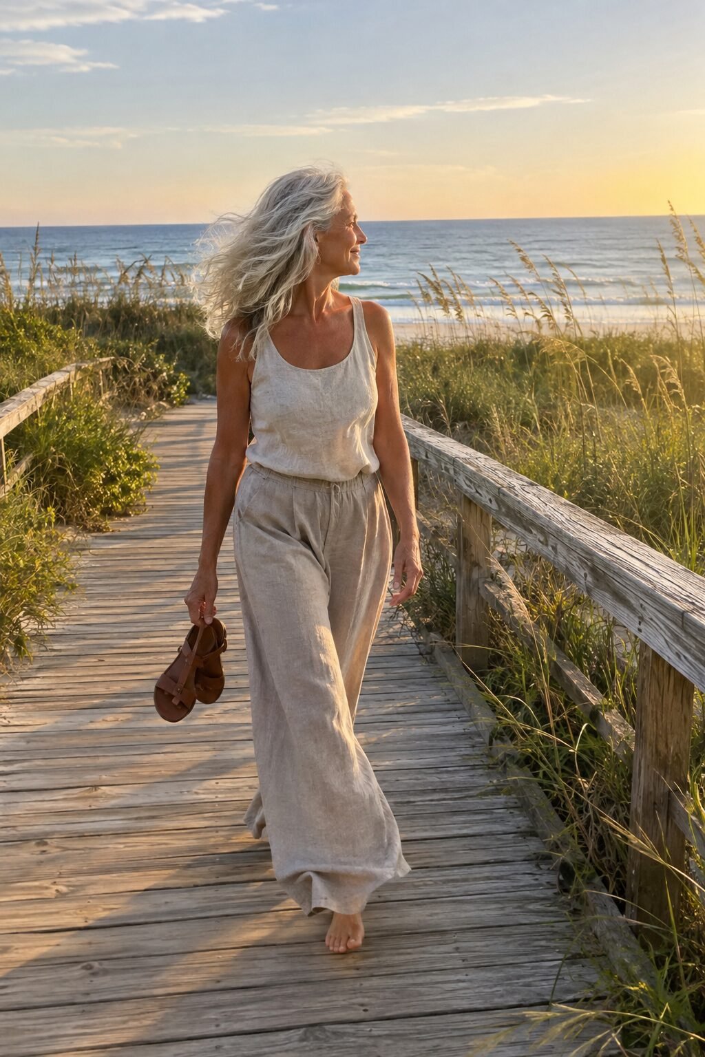 how to dress in your 70s: natural flax linen tank with a driftwood wide-leg linen pant