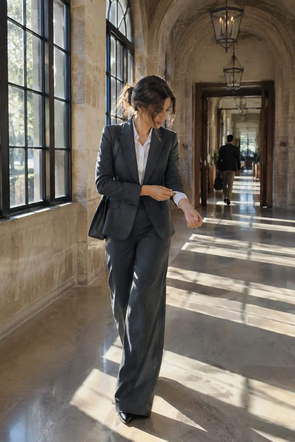 a woman in a fitted charcoal suit walking through a sunlit stone office corridor, checking her cuff