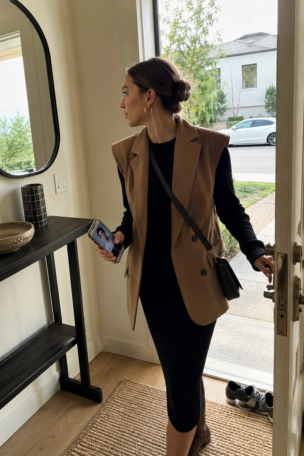 elegant outfits for running late: structured camel vest layered over a slim black knit dress